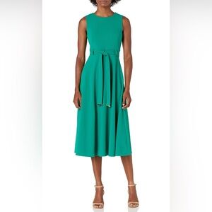 Calvin Klein Women's Sleeveless A-line Belted Midi Dress Olive Green Size 4